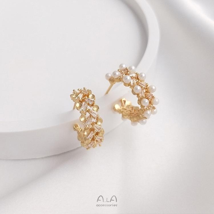 

14K Gold-Filled Cubic Zirconia Pearl C-Shaped DIY Earring with S925 Silver Stud