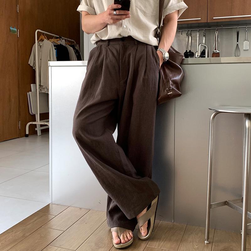 Temperament high-grade light-cooked hemp-blend double-pinch pleated summer semi-elastic waist straight-leg pants for men
