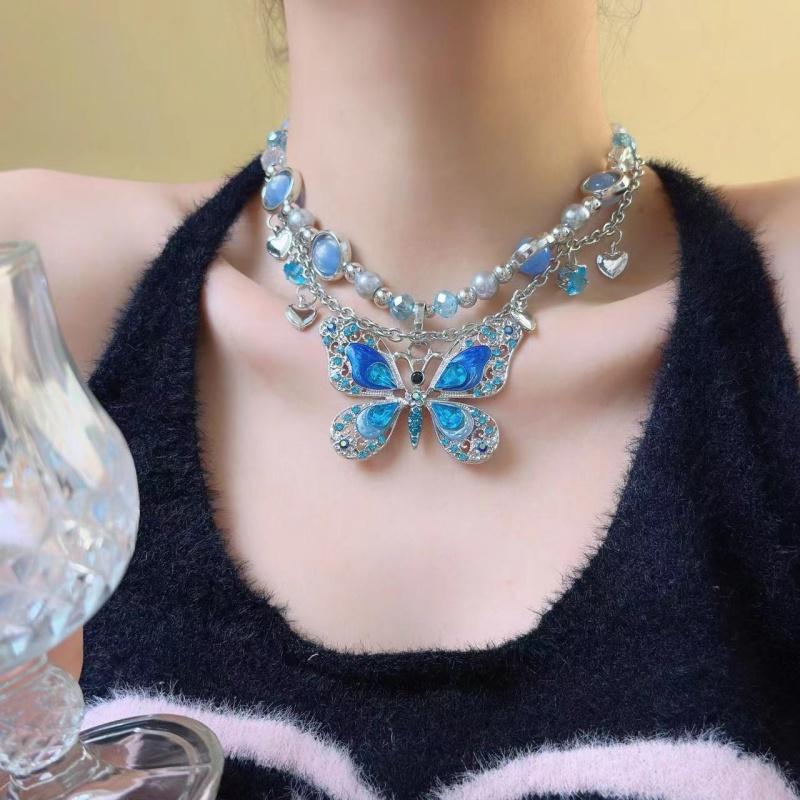 Luxury Temperament Butterfly Flowers Imitation Crystal Zinc Alloy Double-layer Necklace For Women Hot Girl Personality Jewelry G