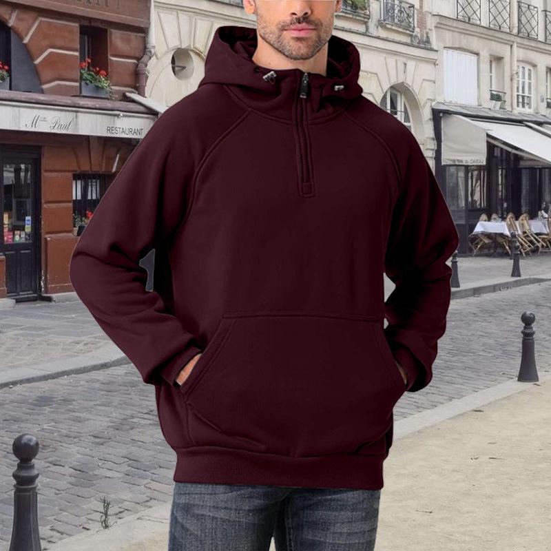 

Men s European & American Half-Zip Hoodie: Autumn/Winter Thickened Velvet Solid Color Hooded Sweatshirt XXL червоний/глибокий
