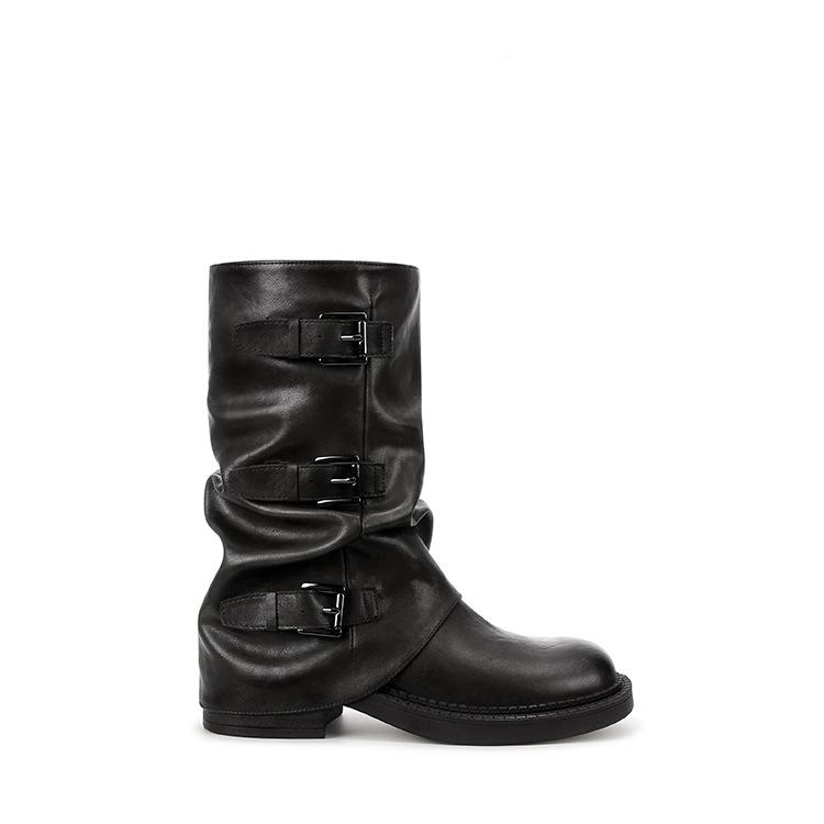 Su Yinyin, the Same Spice Girl Pant Tube Boots, Thick-soled Heightened Medium Tube Belt Buckle, Western Knight Boots, Black Stacking Boots for Women
