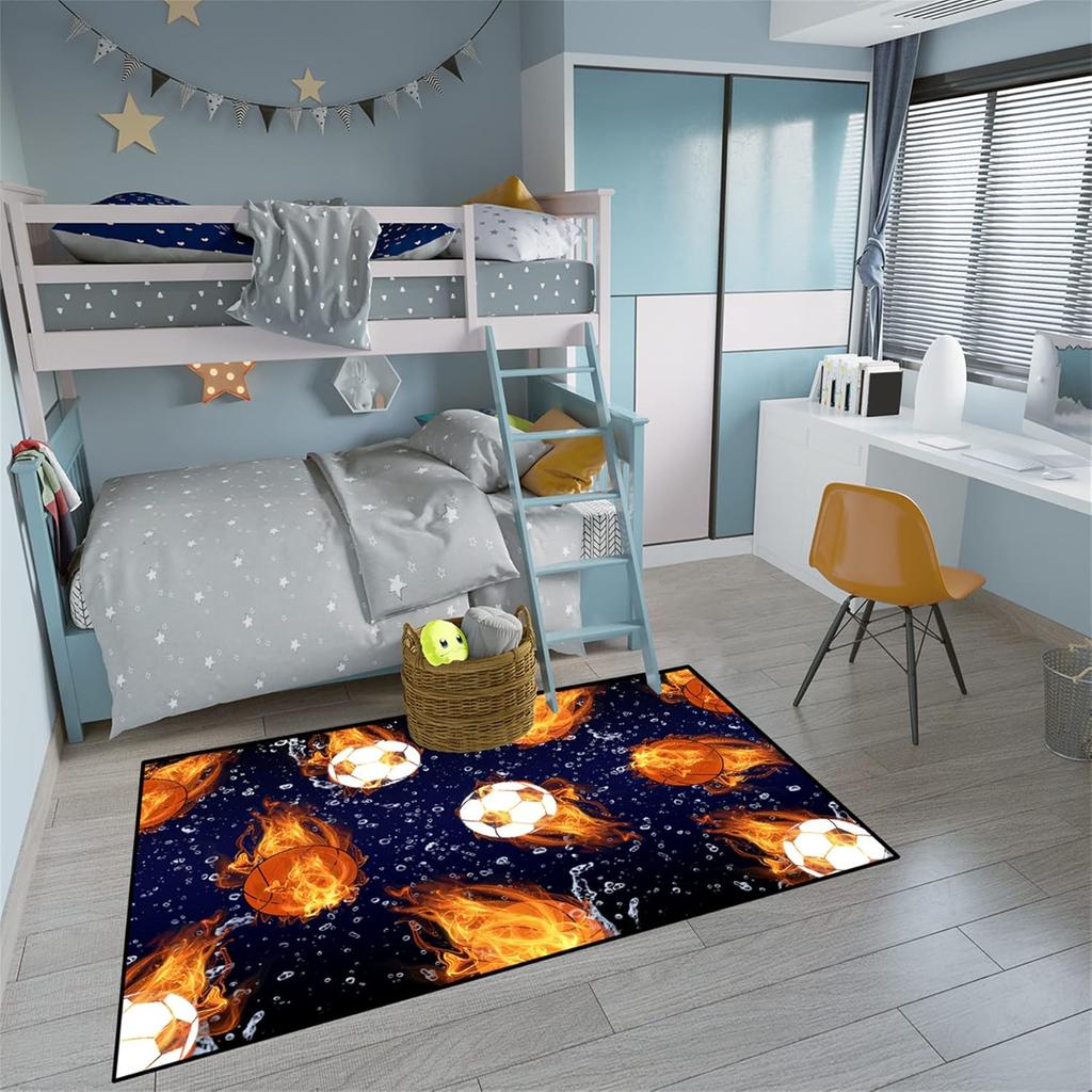 Basketball and Football Sport Rug for Kids Bedroom and Playroom, Navy Blue Sports Carpet, Non-Slip Home Decor Floor Mat