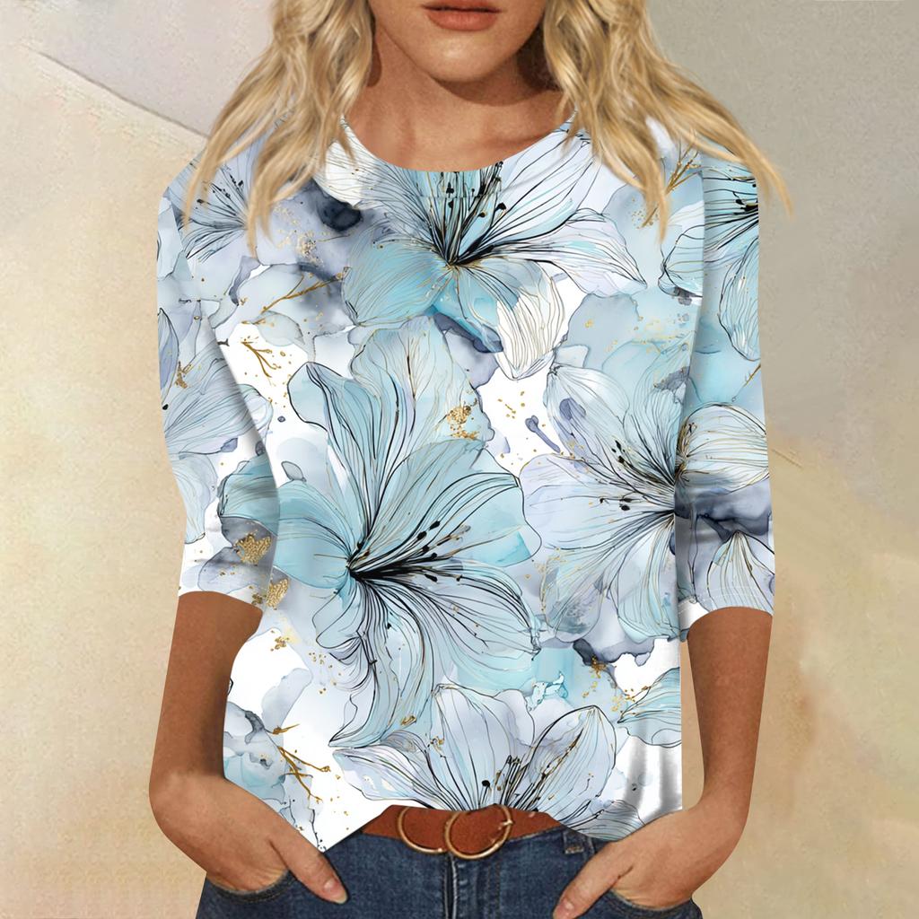 Women's Fashion Casual Round Neck Three-quarter Sleeve Retro Floral Print T-shirt Top