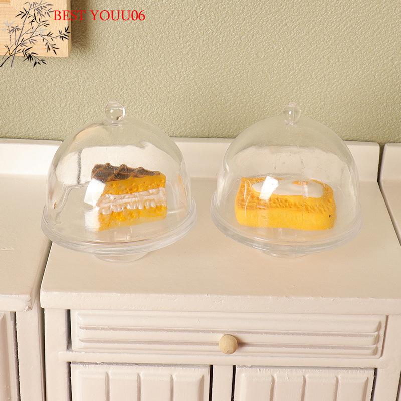 (YOUU06)1Pc Dollhouse Miniature Cake Transparent Tray W/Cover Dessert Display Rack Kitchen Model Decor Toy Doll House Accessory