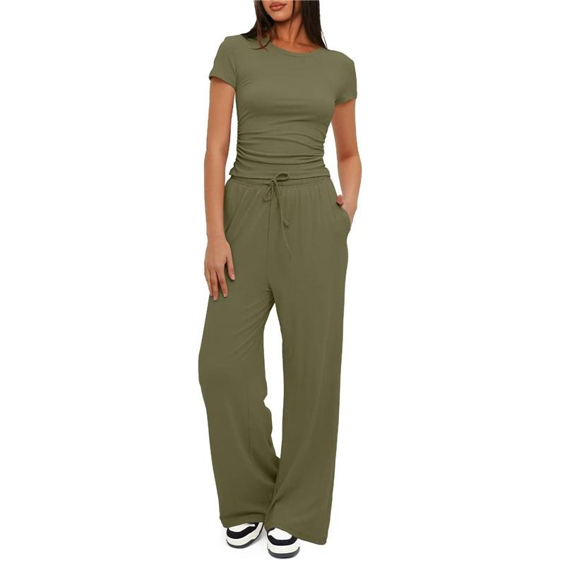 Women's 2 Piece Outfit Short Sleeve T-Shirt Wide Leg Pants Casual Tracksuit