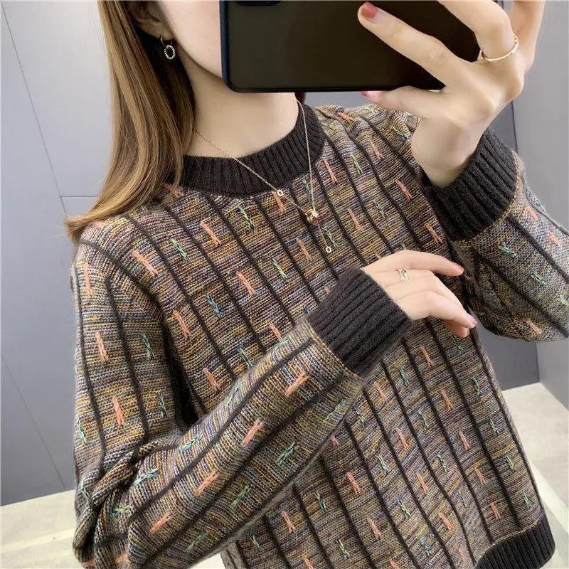Autumn Winter New  Women Elegant Round Neck Women's Knitting Pullover Stripe Sweater Temperament Korean Version Femme Bottoming Tops
