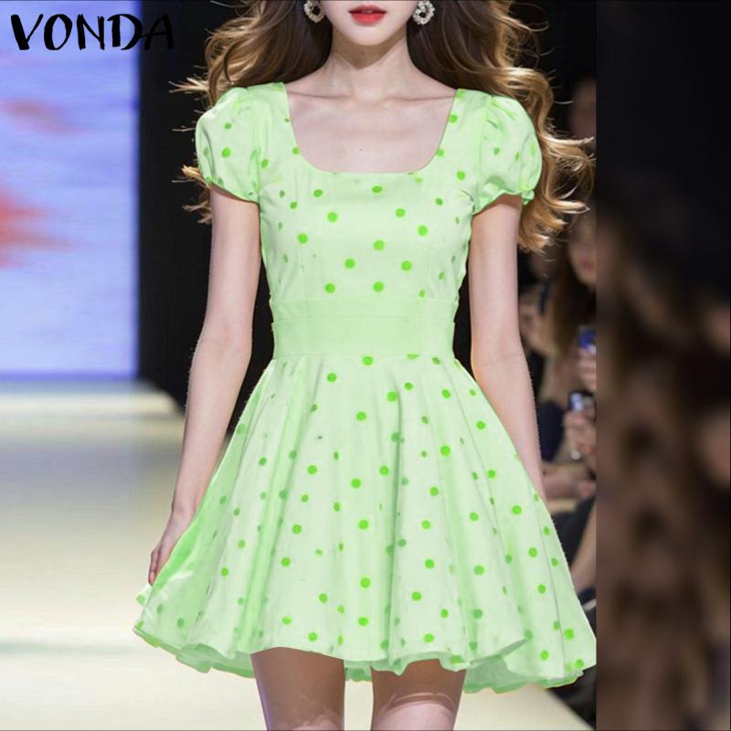 VONDA Women Square Collar Puff Sleeve Polka Dots Casual Pleated Dress