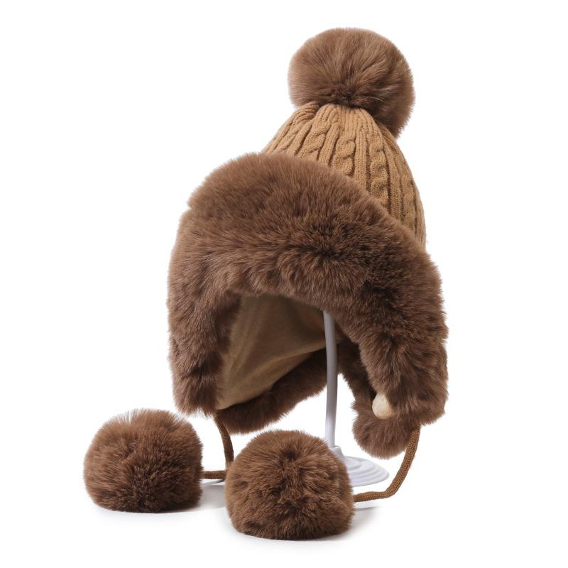 Hunting-Style Women s Faux Fox Fur Pom-Pom Earflap Hat Wool Knit Business Travel Ski Beanie 100% Polyester коричневый