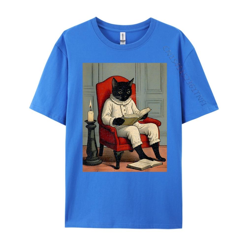 Funny Black Cat Reading A Book Fall Clothes Aesthetic Men's T-Shirts Loose