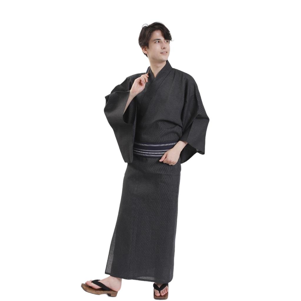 Yukata Obi Waist Strap 3 Piece Set Cotton Linen Gentleman L Size Ink Stripe WN01L [Fuuka] Men's (Waist Strap/Square Obi/B45 Navy)