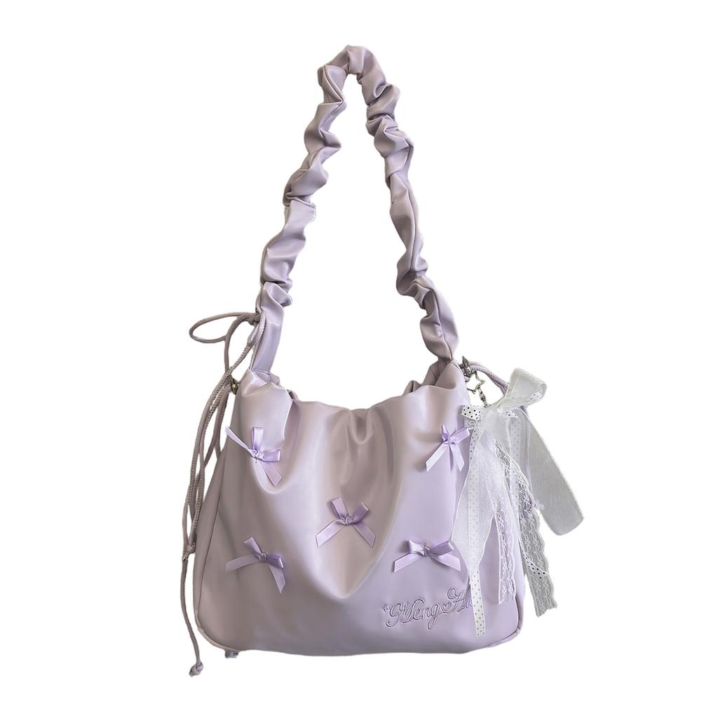 New Solid Color PU Bow Youth Women's Shoulder Bag Cute Drawstring Fixed Strap Tote Bags Hot Sale Sweet Lace Pleated Underarm Bag