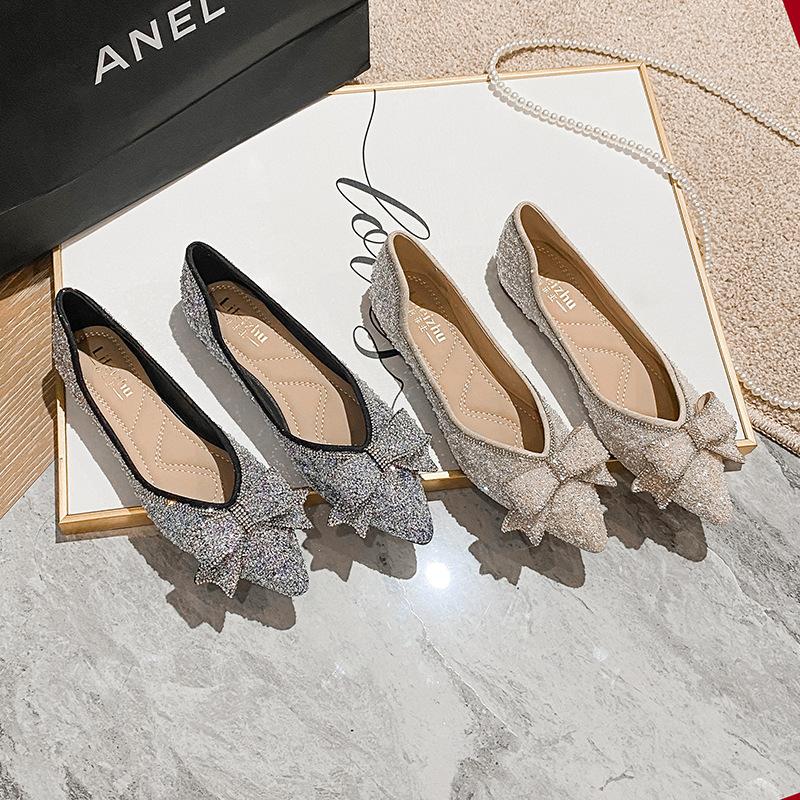 Fashion Rhinestone Beading Bowknot flat shoes woman pointed toe bling crystal wedding shoes female ballet flats moccasins big size 43