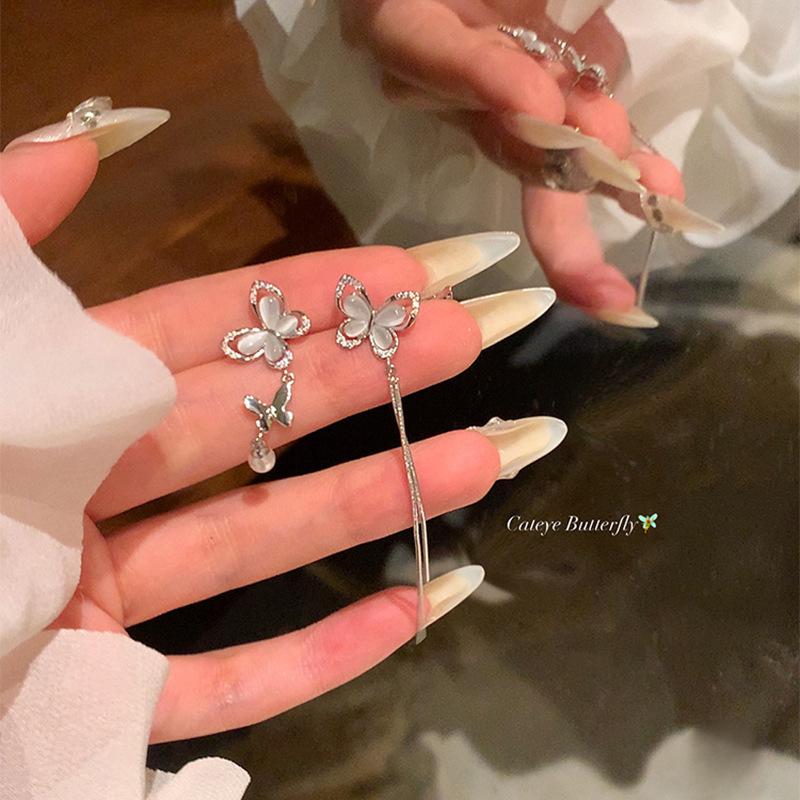 Long Fringed Zircon Earrings Light Luxury Niche Versatile Temperament Bow Stud Earrings
