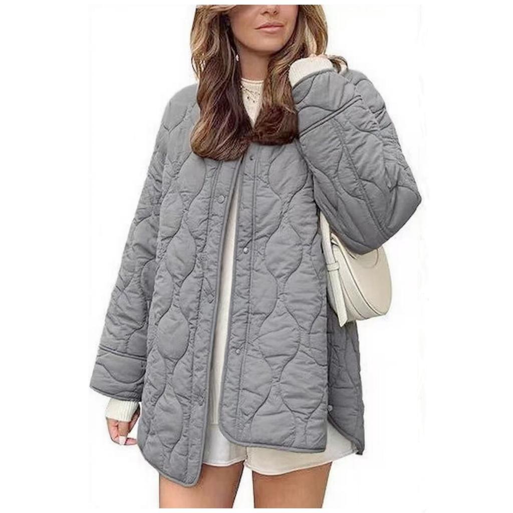 Otoño Invierno Nuevo Abrigo de Algodón Acolchado de Color Sólido con Cuello Redondo Holgado para Mujer, Ropa de Abrigo Casual Estilo Europeo Americano para Mujer