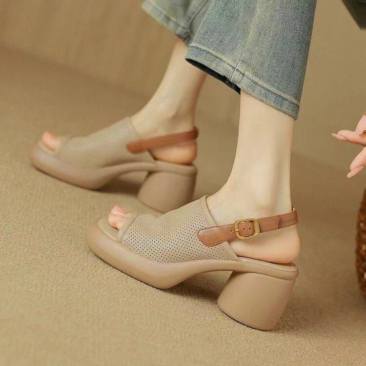 Premium soft leather Roman sandals women's 2025 new summer women's shoes fish mouth platform muffin shoes versatile high heels