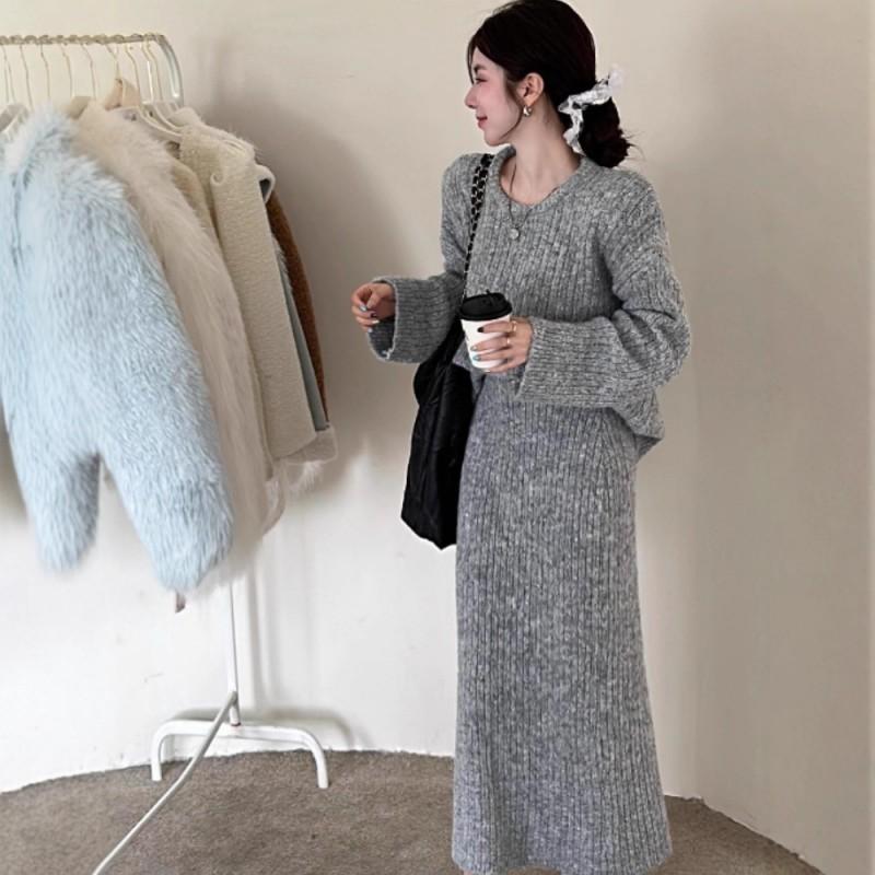 Womens Gray Knit Two-Piece Set Lazy Chic Long Sleeve Top Midi Skirt Winter Soft Warm Outfit