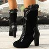 Fashion Women Boots Vintage Leopard Design Mid-calf Boots 8.5cm High Heeled Boot Retro Lace-up Gothic Boots Botines Para Mujeres