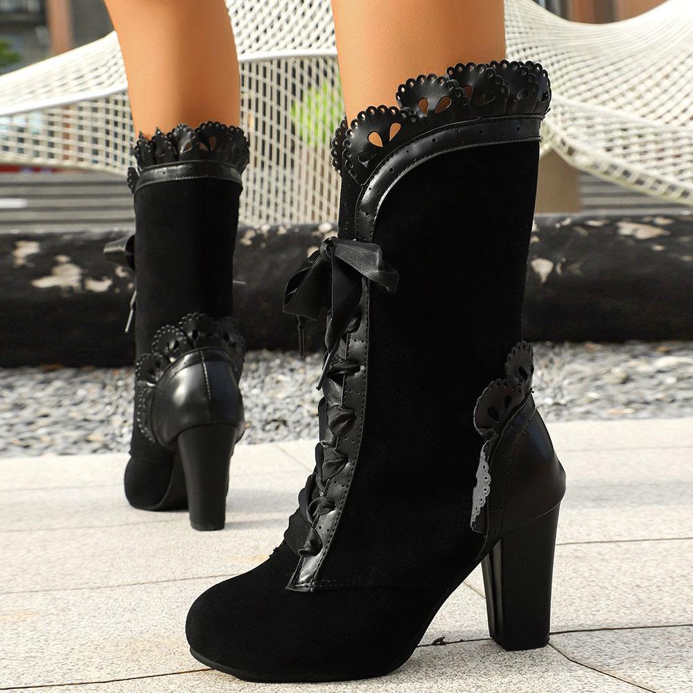 Fashion Women Boots Vintage Leopard Design Mid-calf Boots 8.5cm High Heeled Boot Retro Lace-up Gothic Boots Botines Para Mujeres