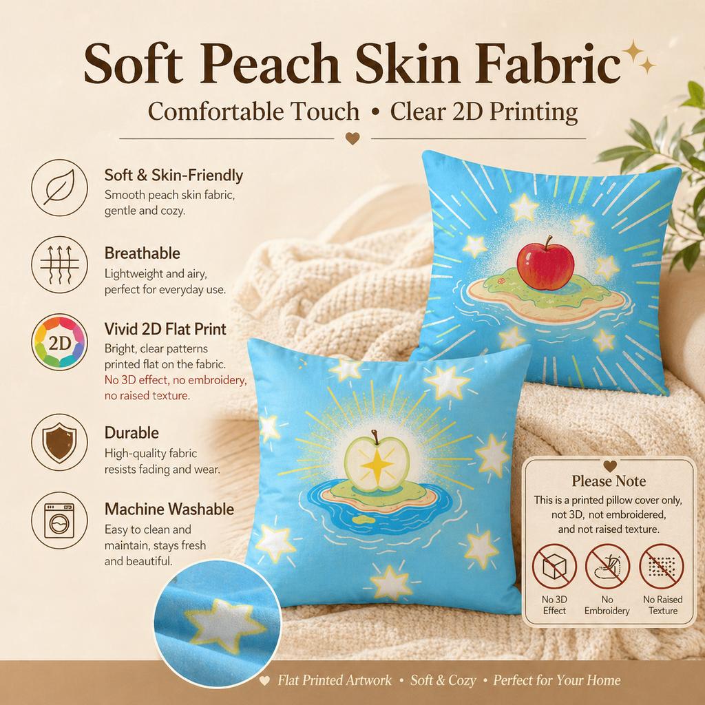 2D Flat Printed Cute Fruit Apple Strawberry Starry Blue Pillow Cover Soft Peach Skin Throw Cushion Case Living Room Bed Decor