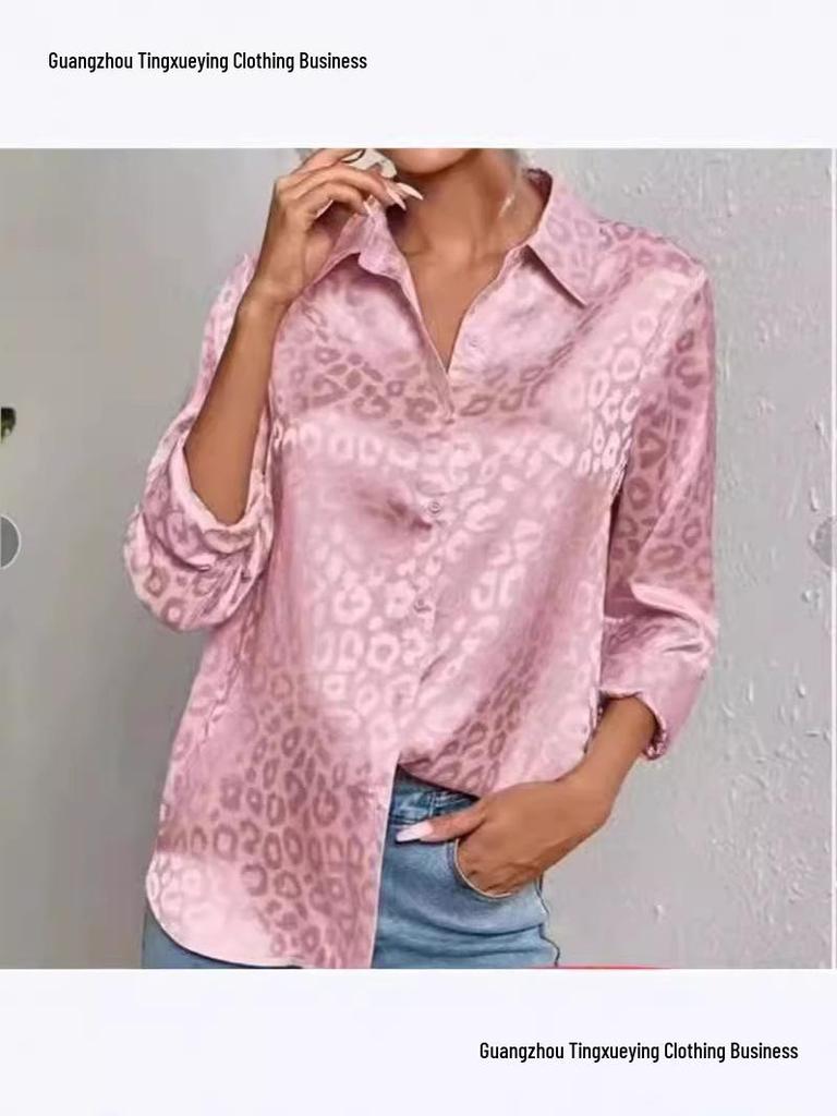 Women's Autumn Elegant Leopard Print Satin Jacquard Long-Sleeve Lapel Shirt