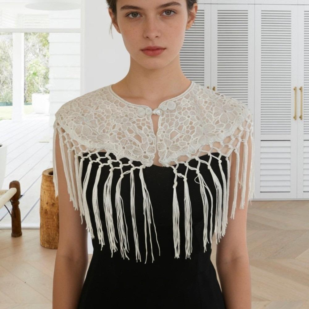 New Hollow Out Tassel Shawl Handwoven Chinese Style Lace Tassel Elegant Cloud Shoulder Women бежевый
