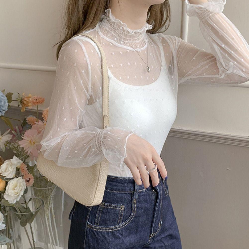 Dot Lace Flower Top Half High Collar Long Sleeved Mesh T-Shirts Transparent Pullover Top  Summer