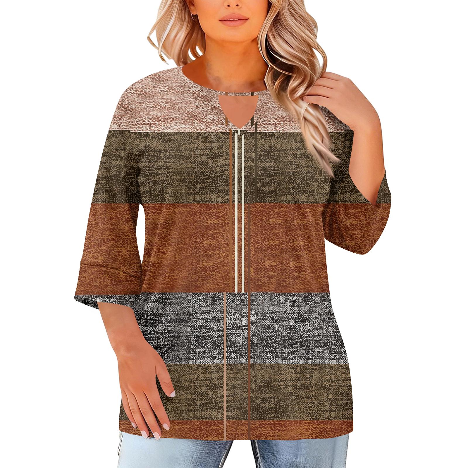 Women s Fashion Casual Round Neck Three Quarter Sleeve Oversized Print Top XXXL кофейный