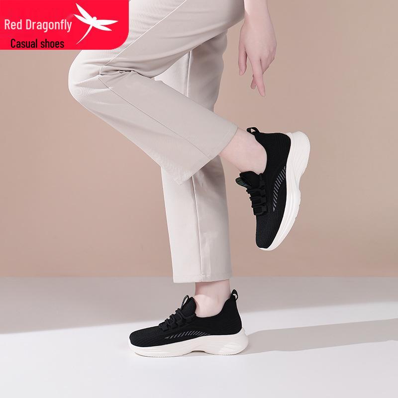Red Dragonfly Women's Summer Fly-Knit Mesh Casual Sports Shoes - Soft Sole, Breathable, Flat Bottom Travel Walking Sneakers for Mothers