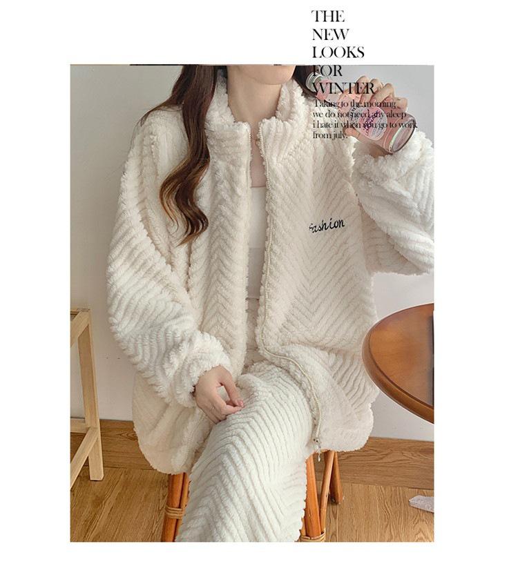 Pijamale Jacquard din Fleece Coral pentru Femei: Cardigan drăguț, călduros, cu guler înalt cu fermoar pentru toamnă și iarnă