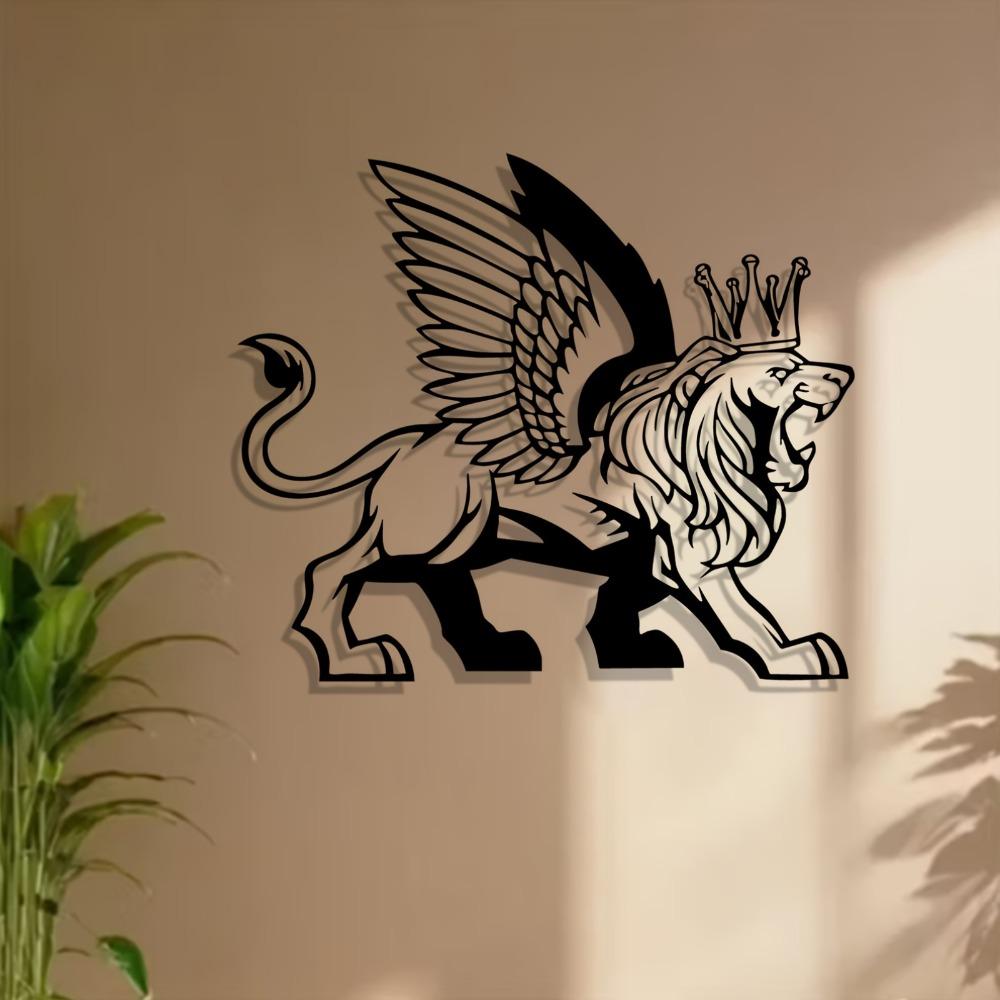 1pc Metal Winged Lion Wall Art, Mythical Iron Sculpture for New Year Christmas Gift, Weatherproof Home Garden Fence Decor
