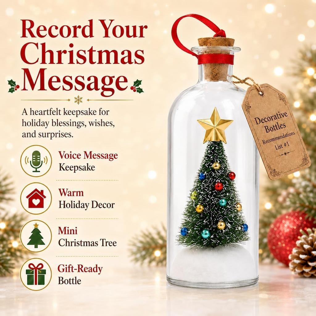 Recordable Christmas Tree In a Bottle Ornament,30-Second Voice Recording Keepsake with Snowy Mini Trees,Glass Holiday Decoration for Mantel