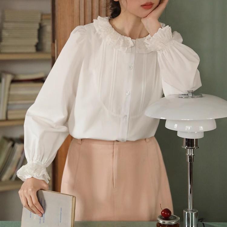 Nesoulum Women s Autumn White Lace Collar Ruffled Hem French Retro Loose Shirt L белый