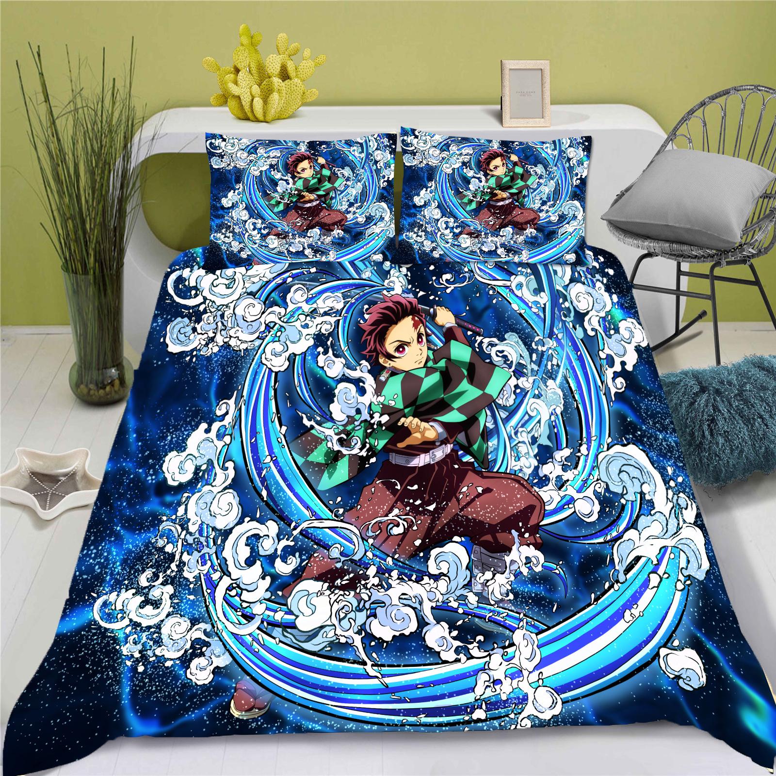 

Убийца демонов: Kimetsu no Yaiba Аниме Пододеяльник Комплект постельного белья Comforte Printed Cartoon Twin Size Подарочные рождественские подарки из 3 предметов 135x200cm