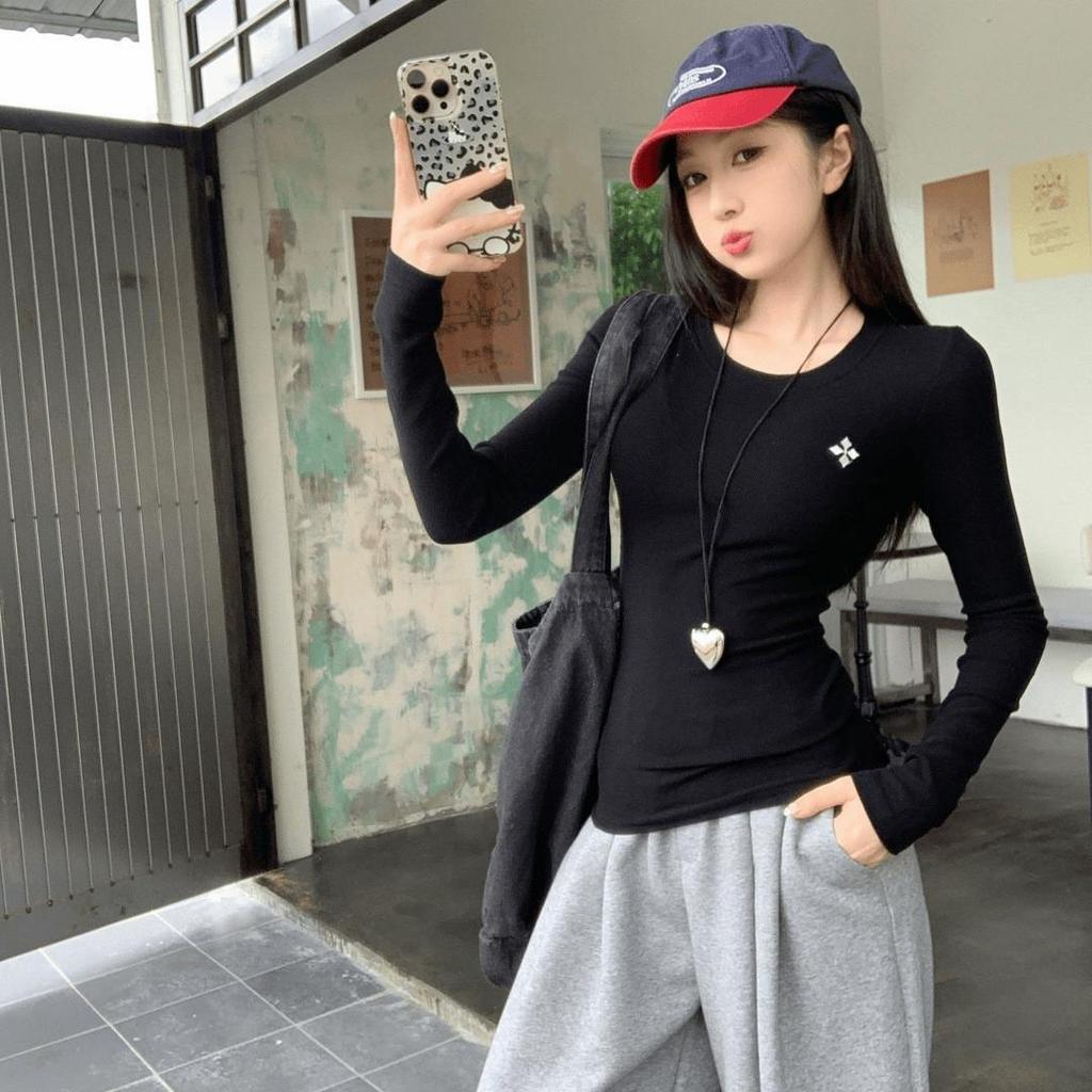 Women's Slim Fit Long Sleeve Embroidered Top - Round Neck, Elastic, Elegant Base Layer for Autumn & Winter