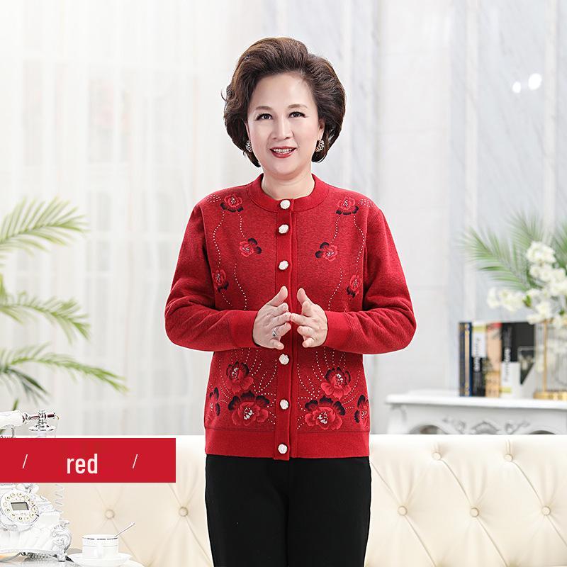 2021 New Lamb Wool Plus Velvet Cardigan: Warm Print Top for Middle-Aged and Elderly
