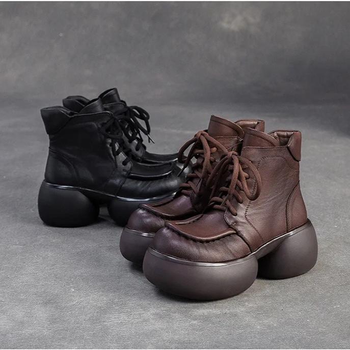 Johnature Botines cortos de felpa de estilo británico retro de cuero genuino con suela gruesa, zapatos de plataforma versátiles para mujer