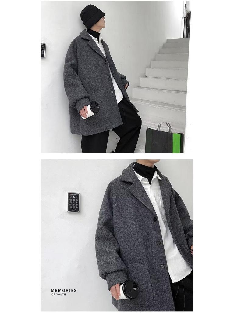 Men's Trendy Mid-Length Wool Coat - Loose Fit, High-End Single-Breasted for Autumn & Winter
