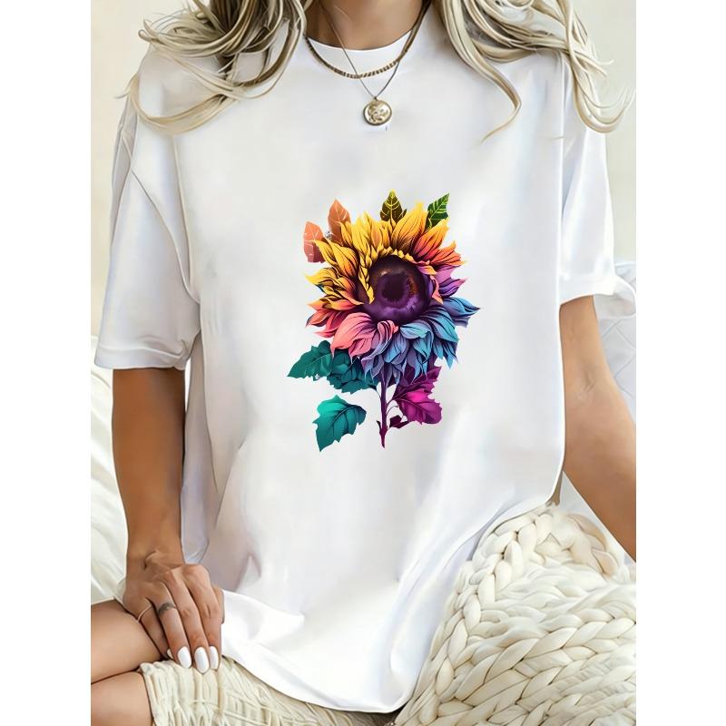Übergroßes T-Shirt-Kleid Schwarz Regenbogen Sonnenblumen-Print Lässiger Streetwear-Stil