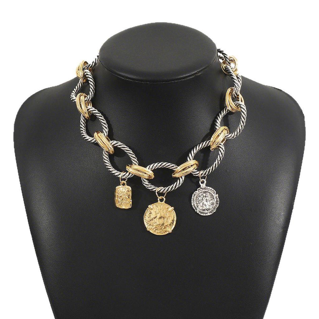 European & American Style Braided Chain Necklace with Coin Alloy Pendant