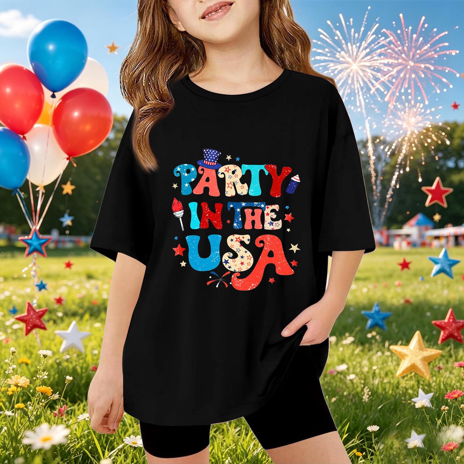 

Kids Short Sleeve T Shirt Graphic Tee Lightweight Casual Top with Printed Lettering Party in the USA Design for Boys and Girls Summer Wear 140 чёрный