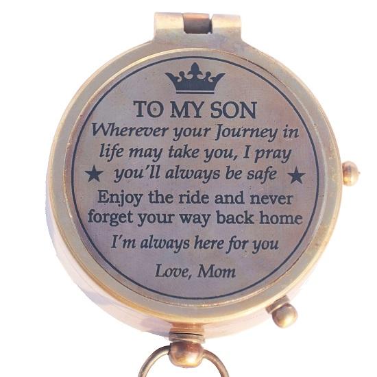 Busolă din alamă pentru bărbați, busolă de buzunar cu carcasă de piele, idee de cadou religios făcut manual, comuniune, botez (pentru Fiul meu, Cu dragoste, Mama)