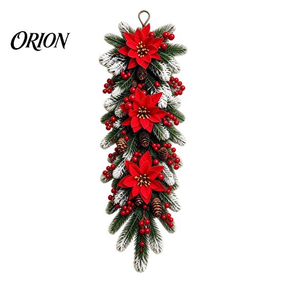 Festive Snowy Pine Needle Swag Holiday Entrance Wall Ornament, Red Poinsettia Berry Decor, Natural Decor Cone Hanging Swag, Needles Scandinavian Home