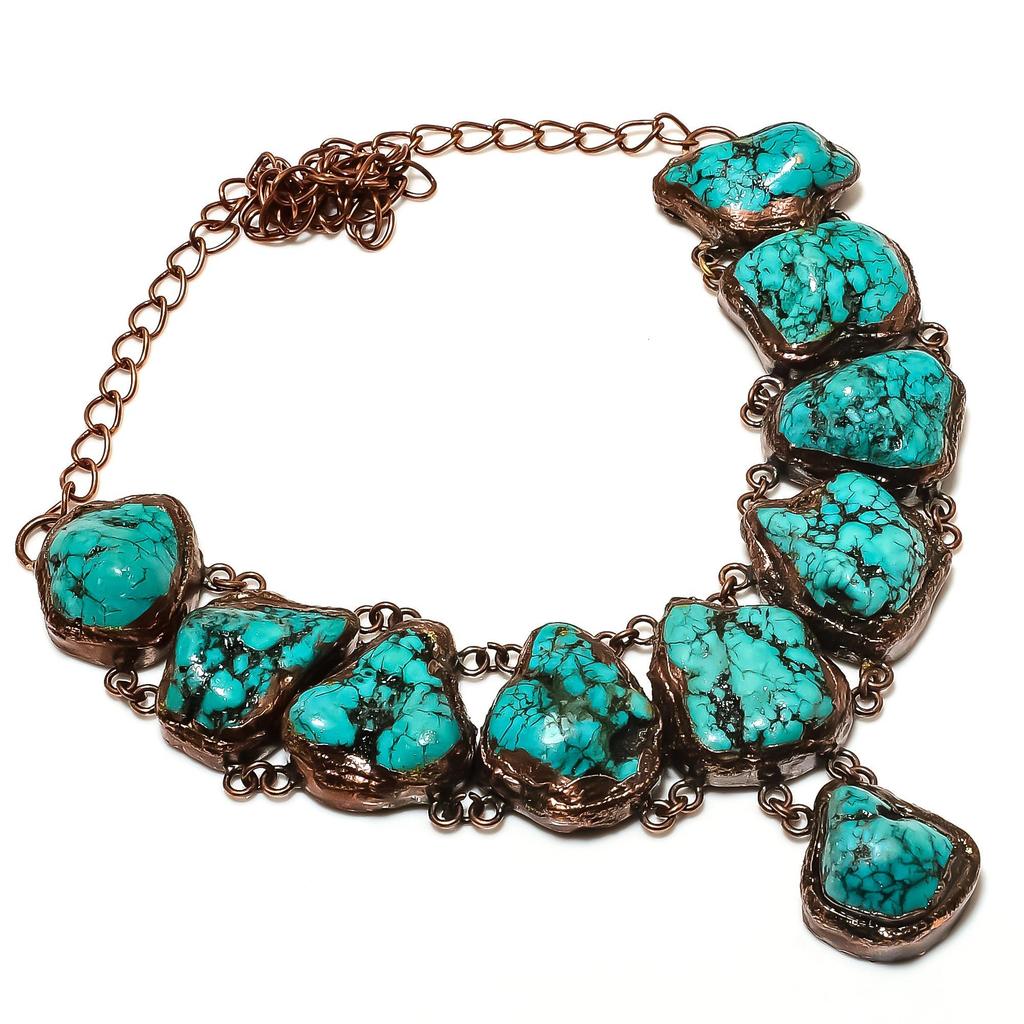 Turquoise Tumble Copper Electroformed Necklace with Adjustable Chain, Handmade Gemstone Jewelry Necklace For Memorial Day