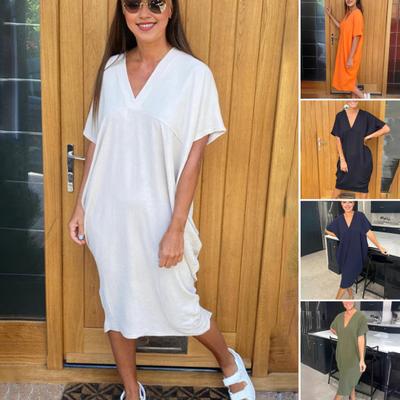 Summer Women Dress V Neck Baggy Solid Color Loose Thin Short Sleeves Quick Dry A-line Mid-calf Length Casual Daily Wear Midi Dress
