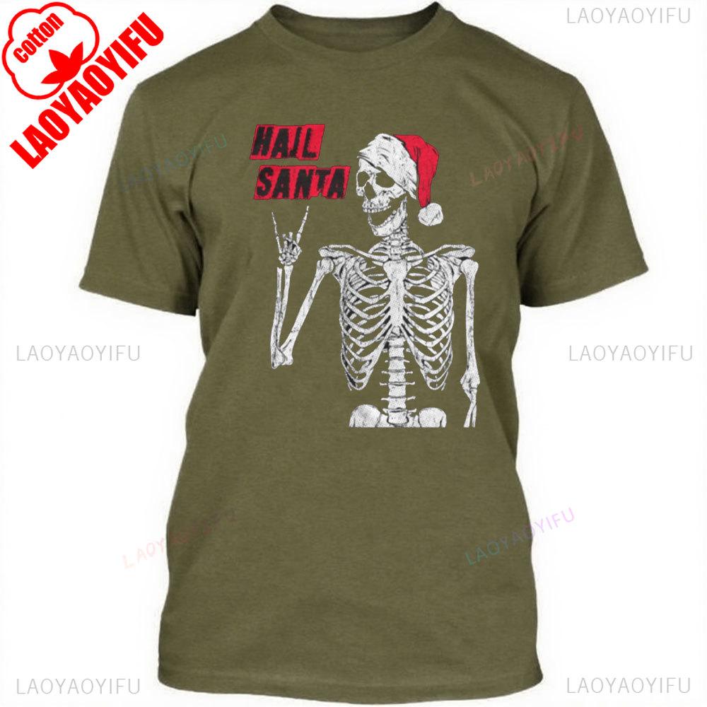 Mens Hail Santa T Shirt Funny Xmas Skeleton Metal Horns Joke Tee for Guys High Quality Cotton Tops Aesthetic Clothes