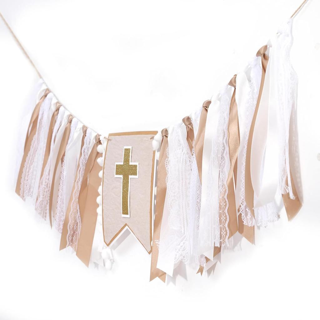 God Bless Cross High Chair Banner,Baptism Party Decorations,First Holy Communion Ribbon Banner,Boys Girls Baptism Party Highchair Banner,Garland