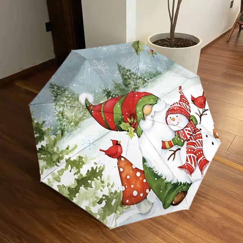 

Christmas Gnome Snowman with Cardinals Outdoor Umbrella - Automatic Opening & Closing Rain Gear, Portable 3-Fold Design, 8-Rib Iron Frame, F