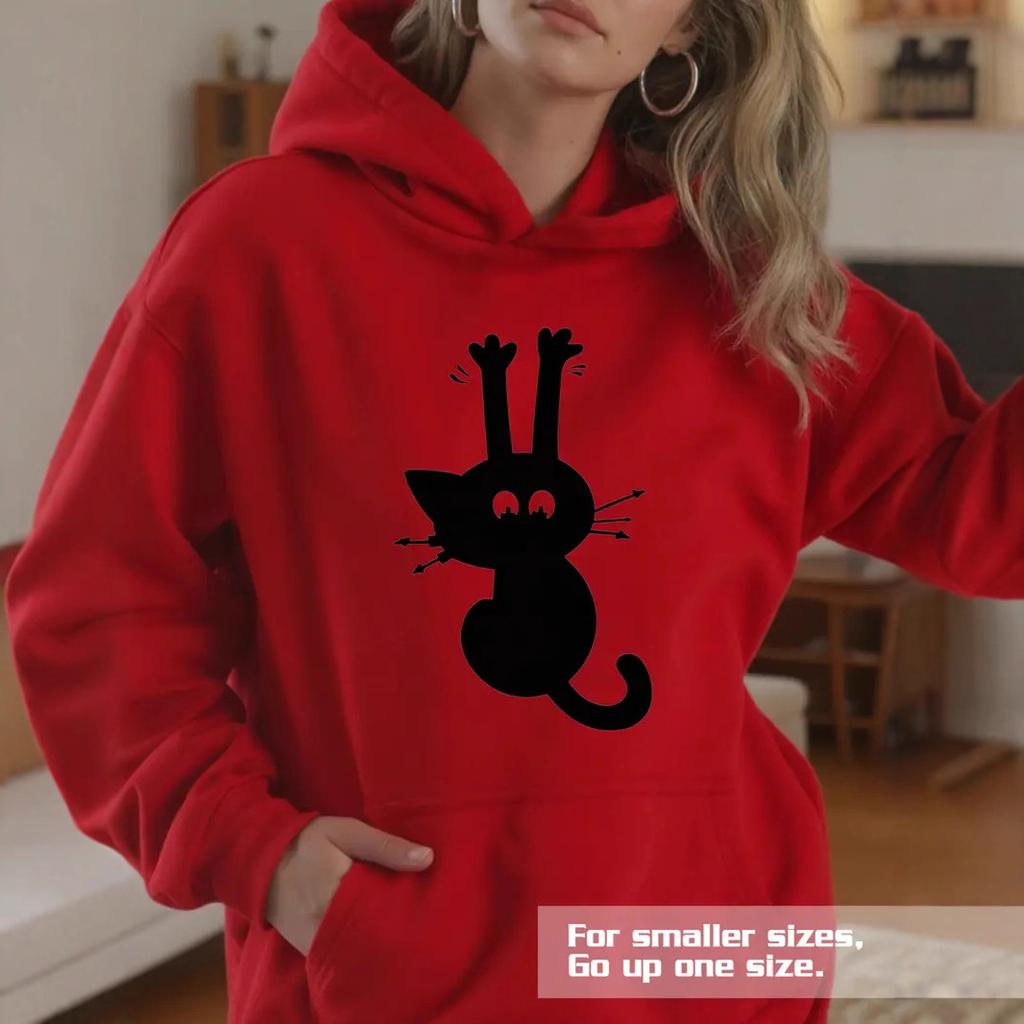 Ladies Spring Autumn Casual Hooded Long Sleeve Big Pocket Cat Printed Pullover Hoodies Sweatshirt Top