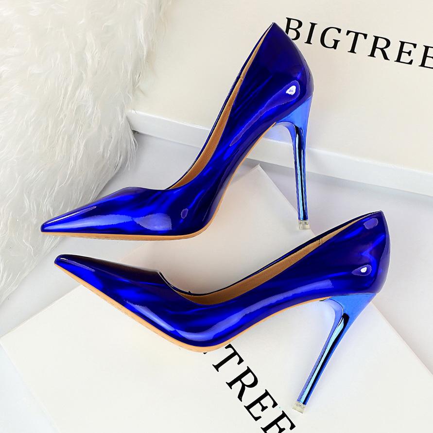Fashion 2025 Women 10.5cm High Heels Blue Green Valentine Pumps Luxury Glossy Stripper Stiletto Wedding Bridal Fetish Shoes Plus Size 43