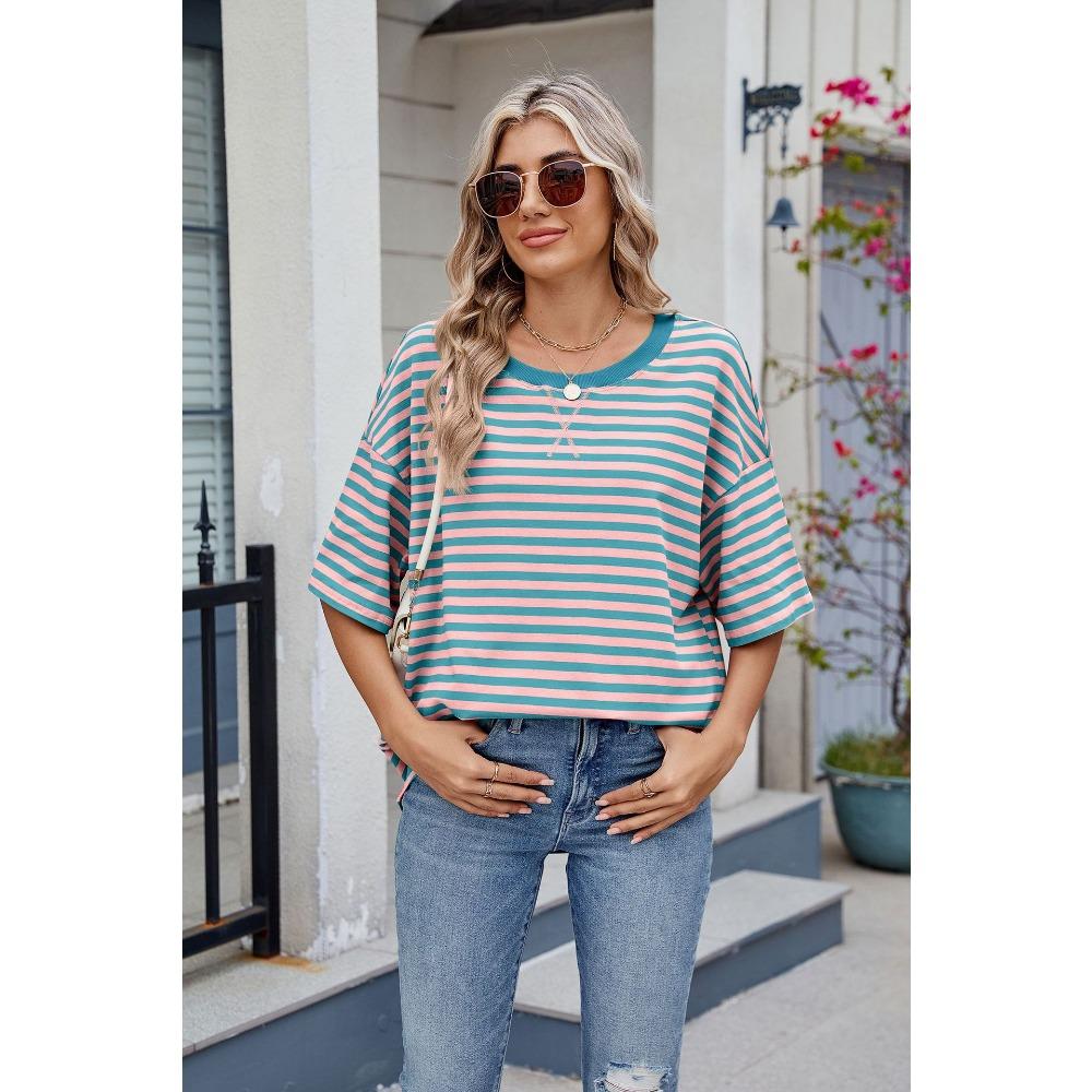 Frühling und Sommer Neues Damen Gestreiftes Kontrast-Lose Kurzarm-T-Shirt